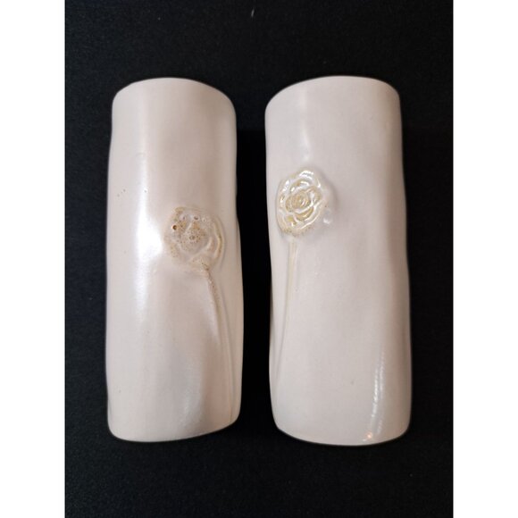 Pair Of White Ceramic Flower Bud Vases With Raised Floral Design - Picture 6 of 8